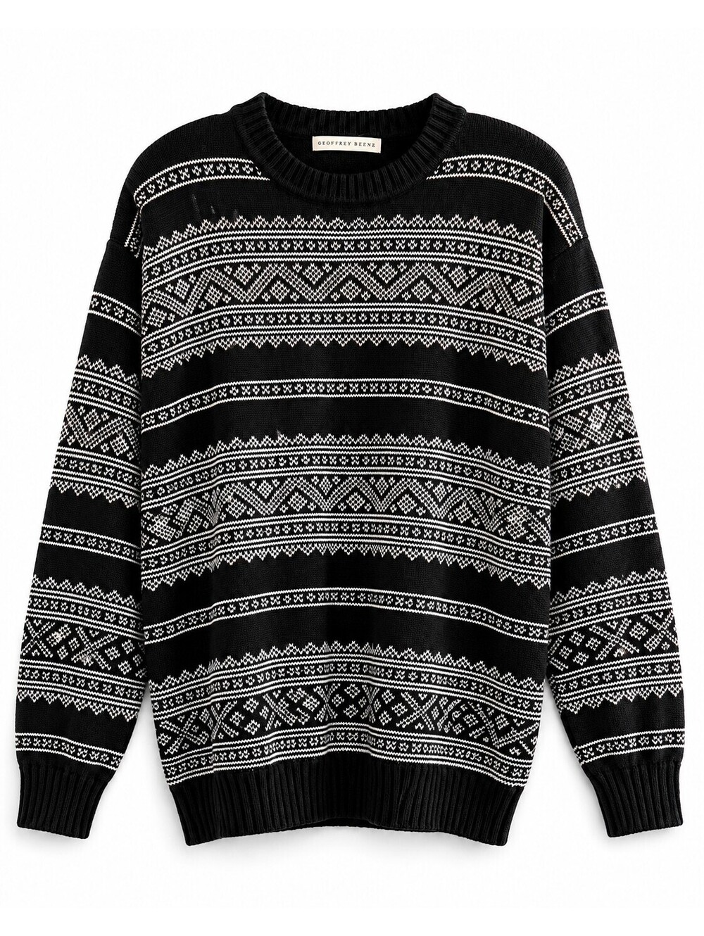 Geoffrey Beene XL Fair Isle Nordic Sweater Black Cream Cotton Grandpa Knit